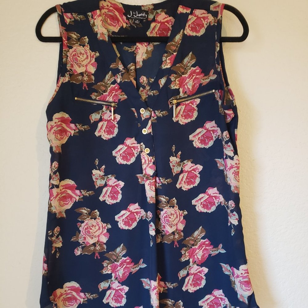 Adorable Rose Floral Sleeveless Top With Front Zippers S-M